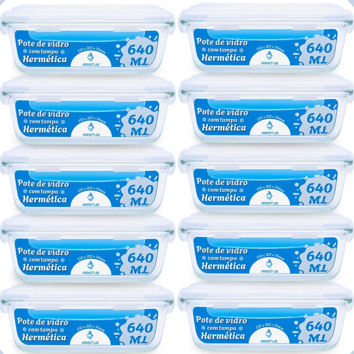 Kit 10 Potes Vidro 640ml Herméticos